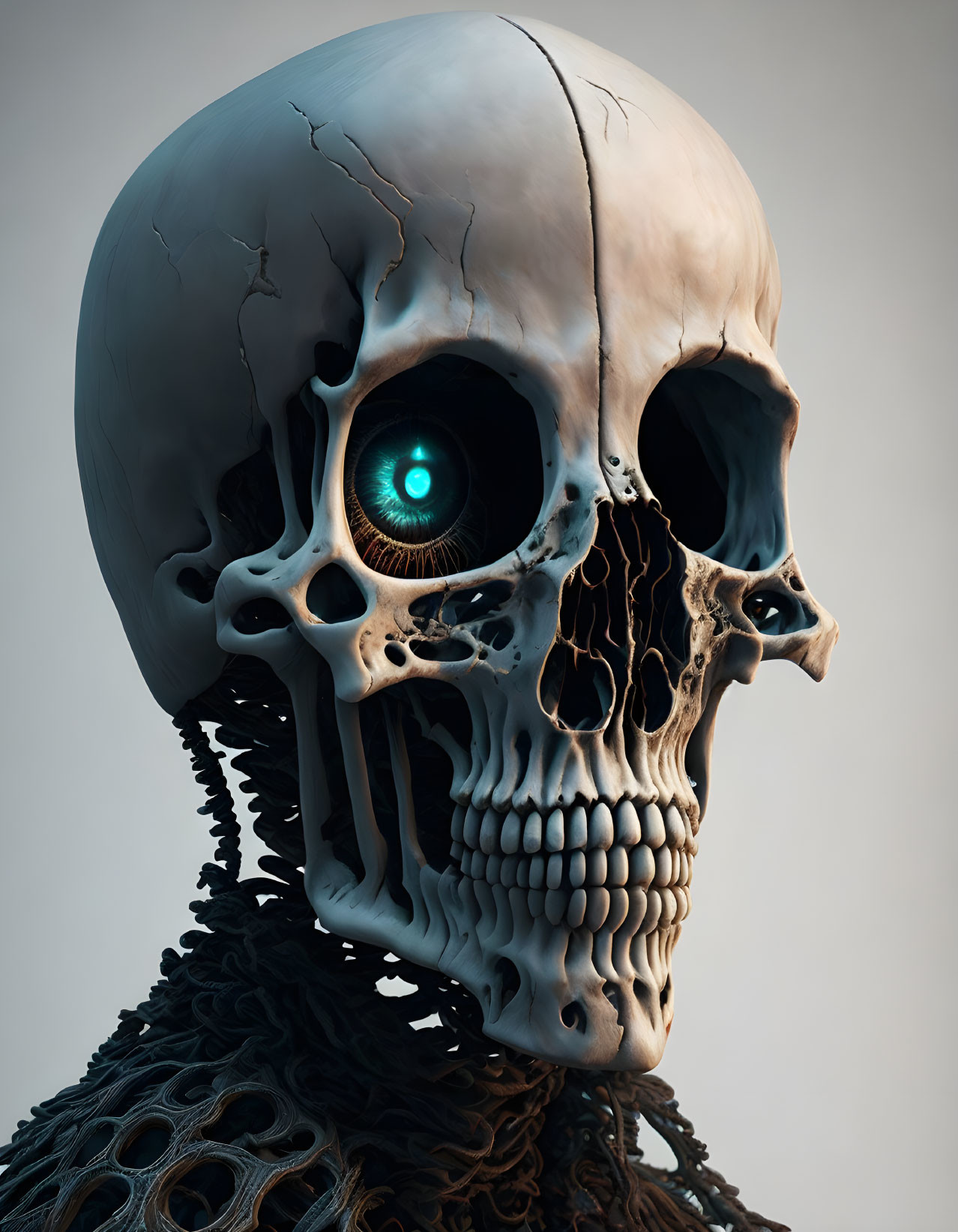 Detailed digital artwork of humanoid skull with glowing blue eye