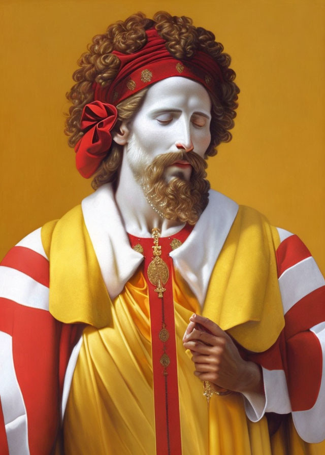 Man with Curly Hair and Beard in Red Headband, Striped Robe, Yellow Cloak