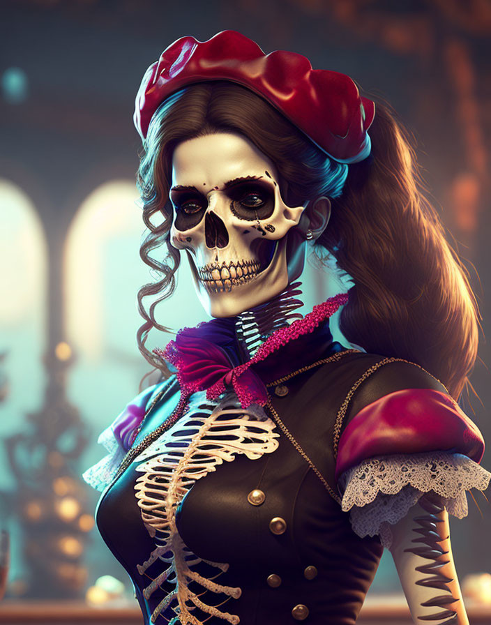 Stylized skeleton in Victorian attire with skull-like face and ruffled neckpiece