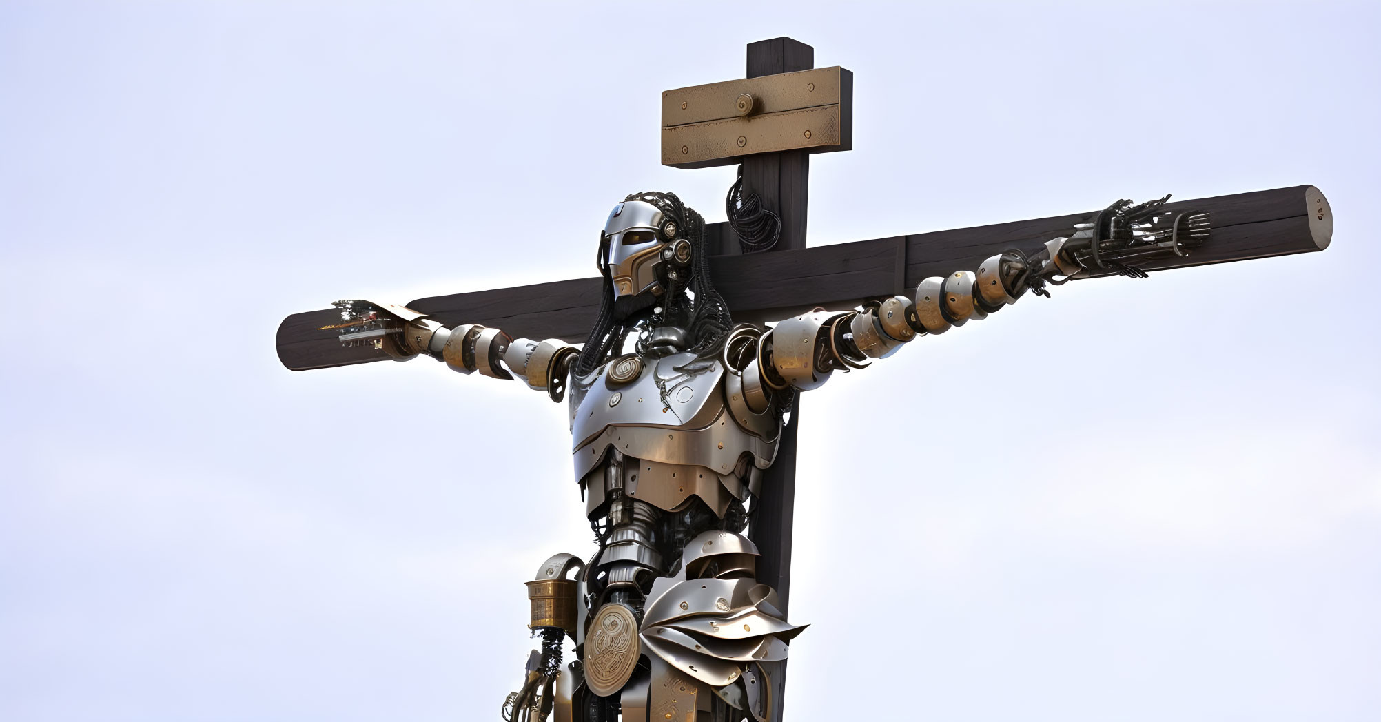 Robotic figure on crucifix under clear sky