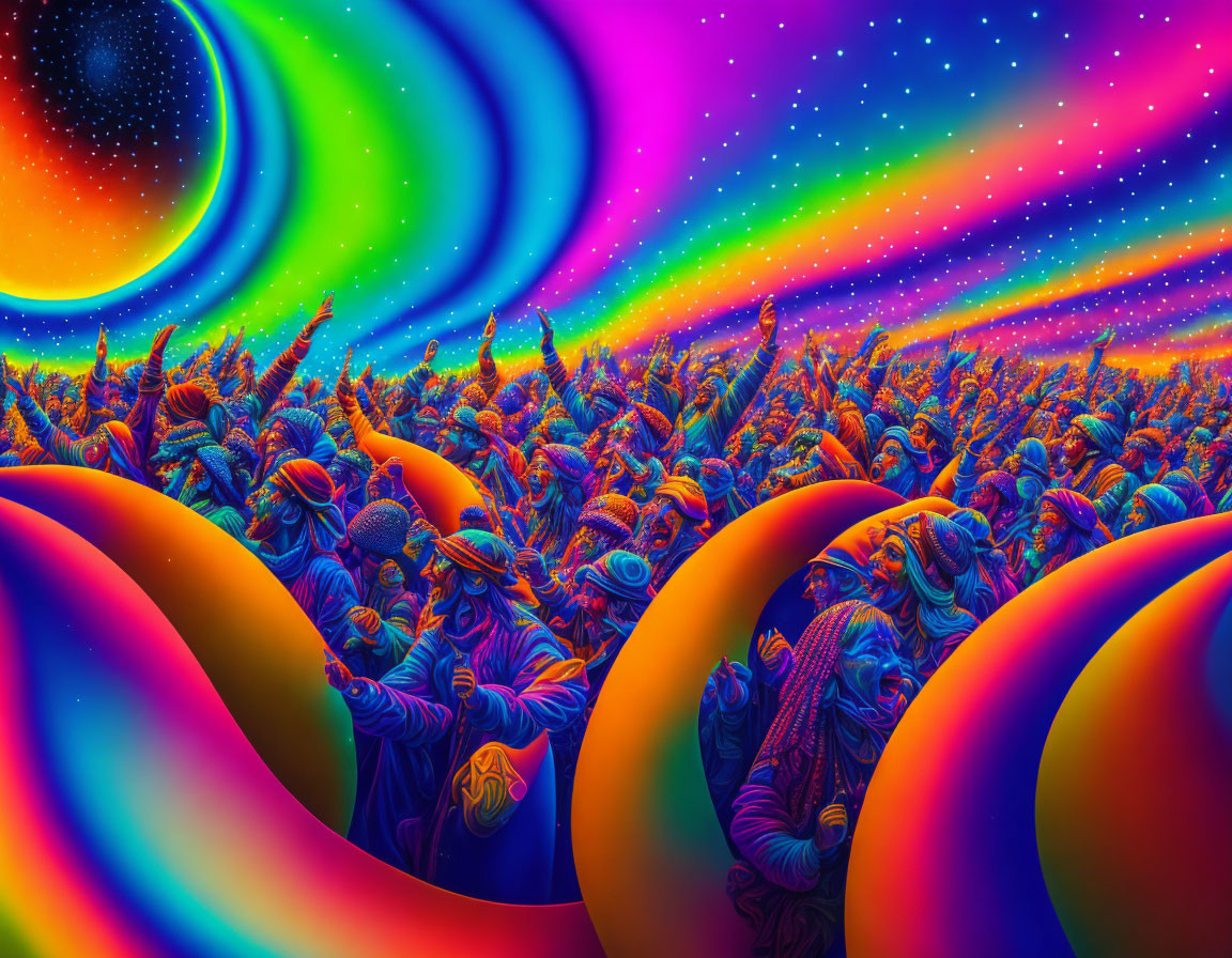 Colorful Psychedelic Art with Elongated Figures and Cosmic Backgrounds