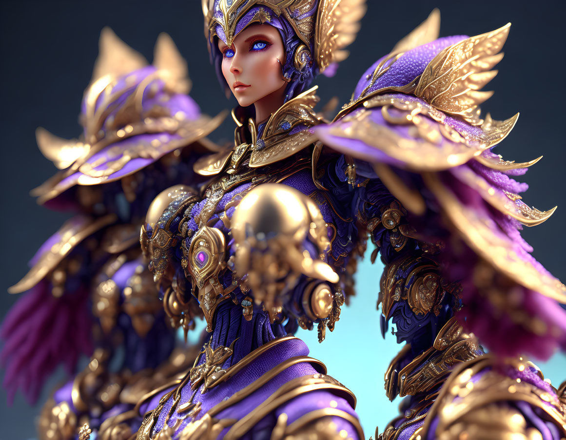 Female warrior in ornate purple and gold armor with feathered shoulders