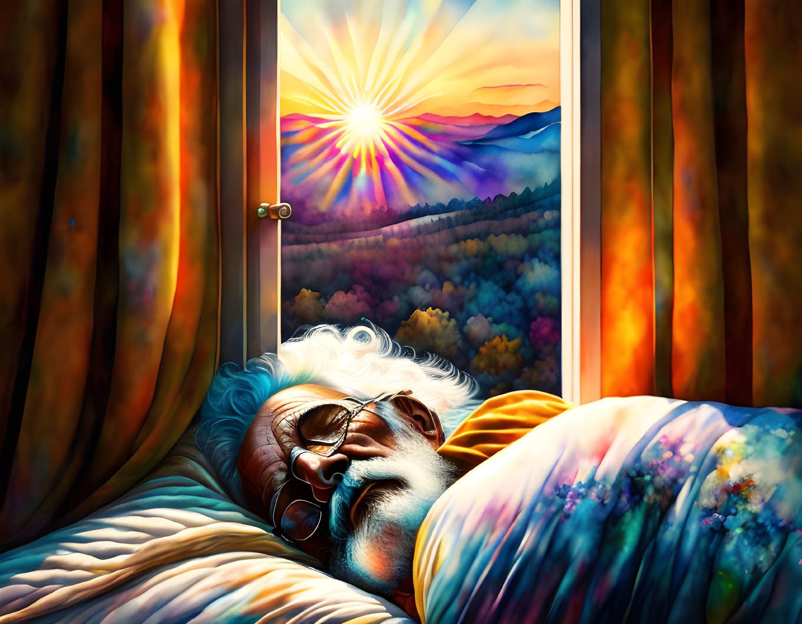 White-haired elderly man peacefully sleeps at sunrise in mountain landscape