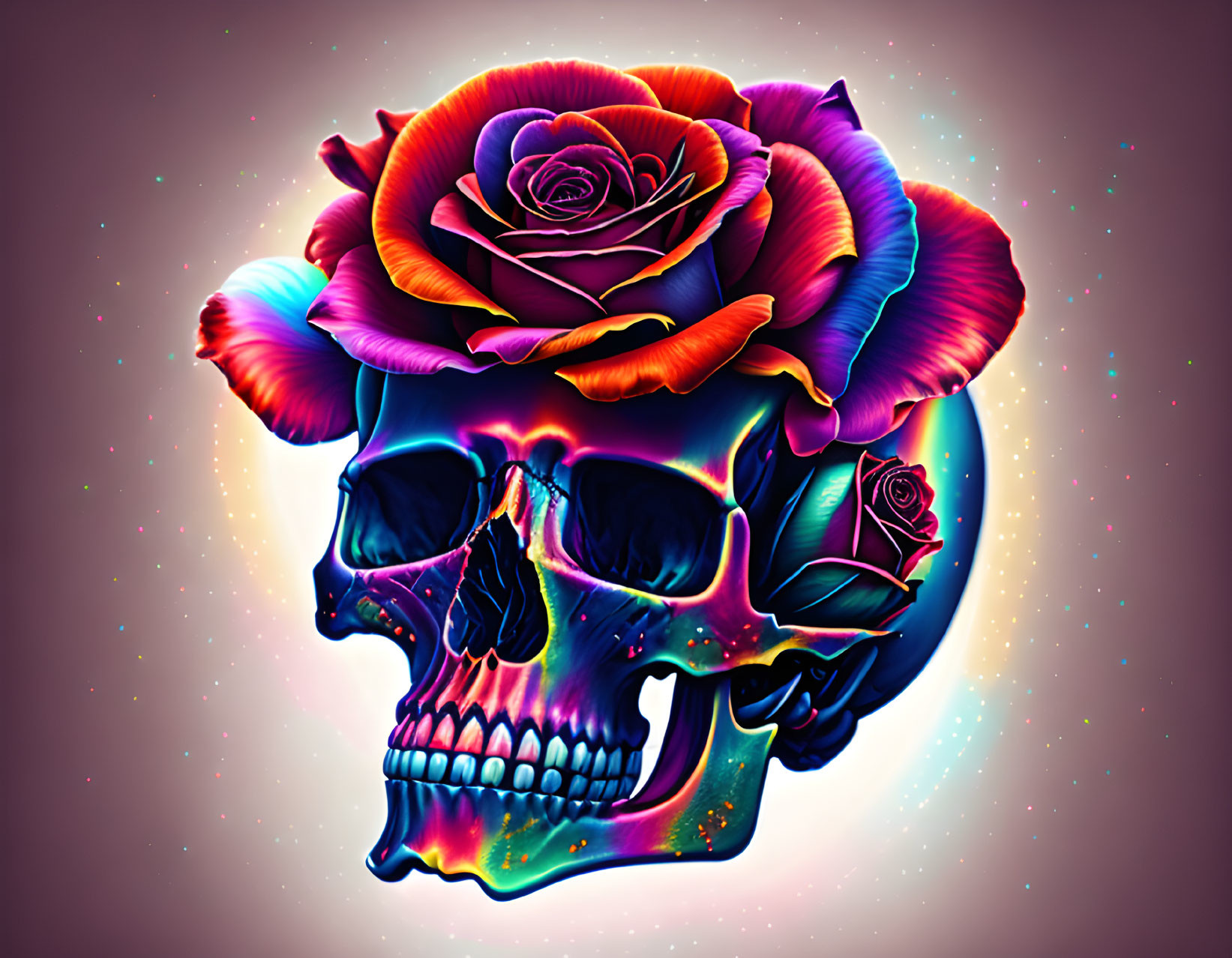 Colorful human skull with roses on cosmic backdrop