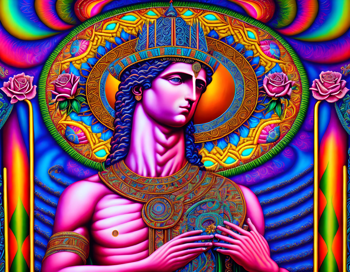 Colorful Psychedelic Artwork: Figure with Headdress and Roses