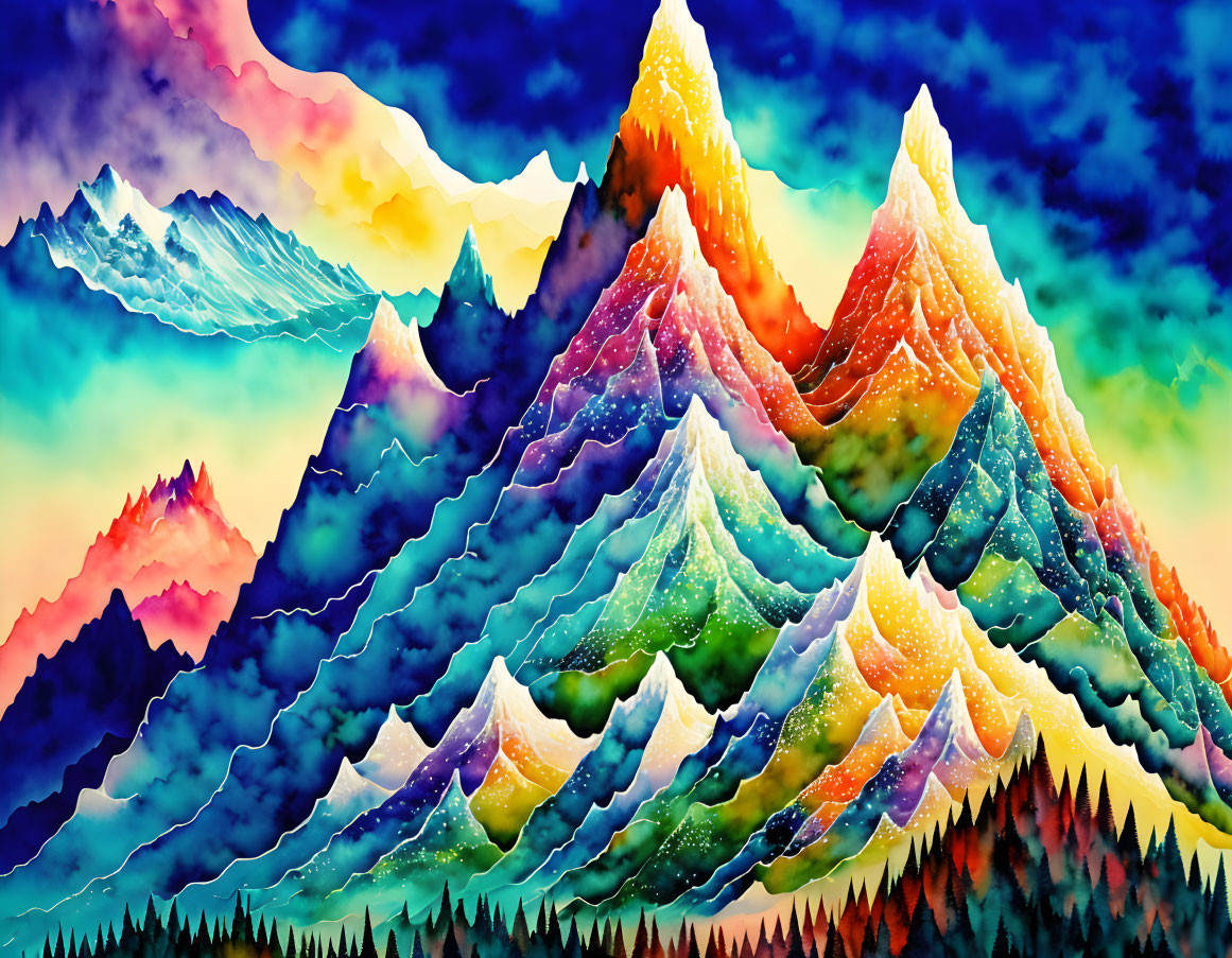 Vibrant painting of colorful mountain ranges under dramatic sky