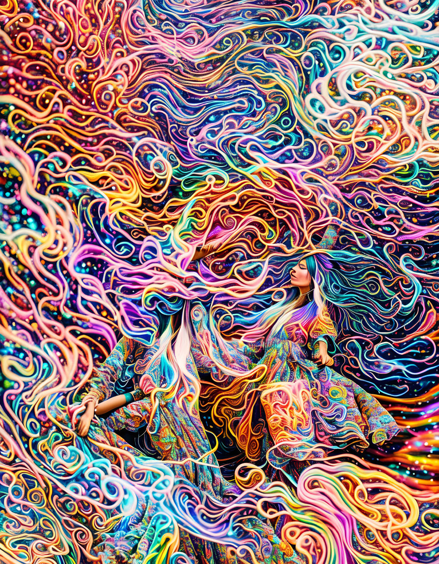 Vibrant women in flowing dresses merge with psychedelic swirl.