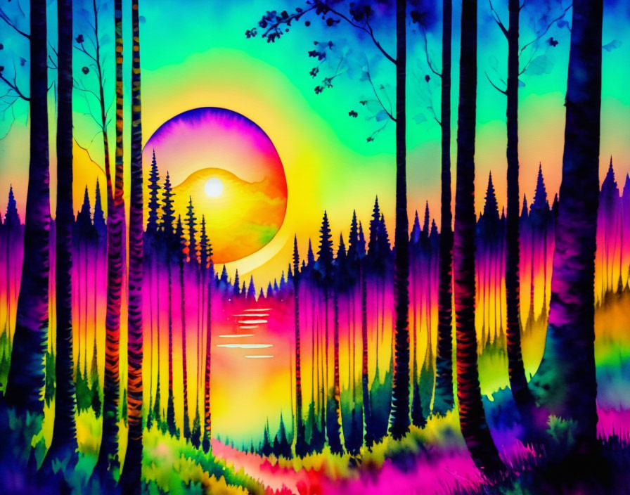 Colorful Watercolor Painting of Forest at Sunset