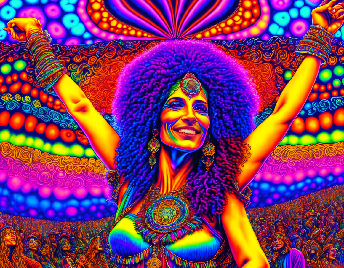 Colorful Psychedelic Image of Woman with Afro and Crowd