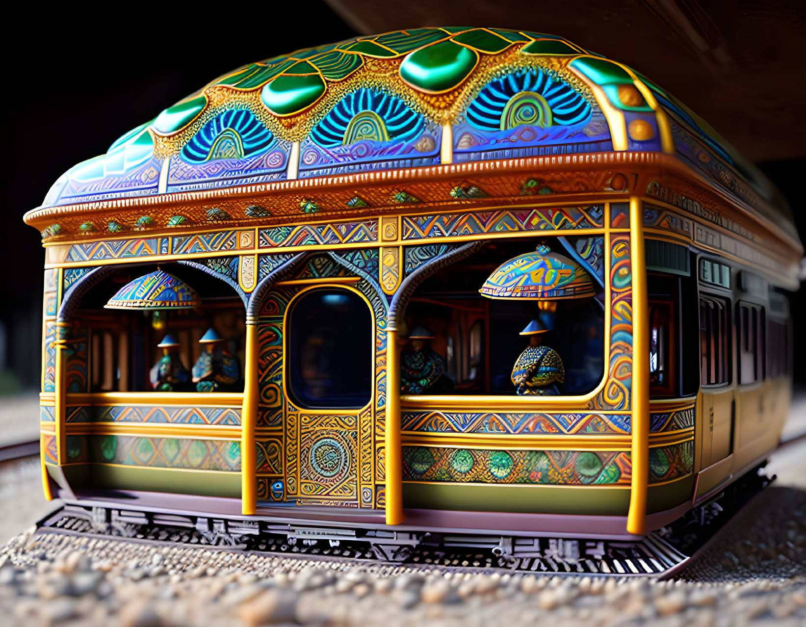 Colorful Decorated Tram with Ornate Details on Train Tracks