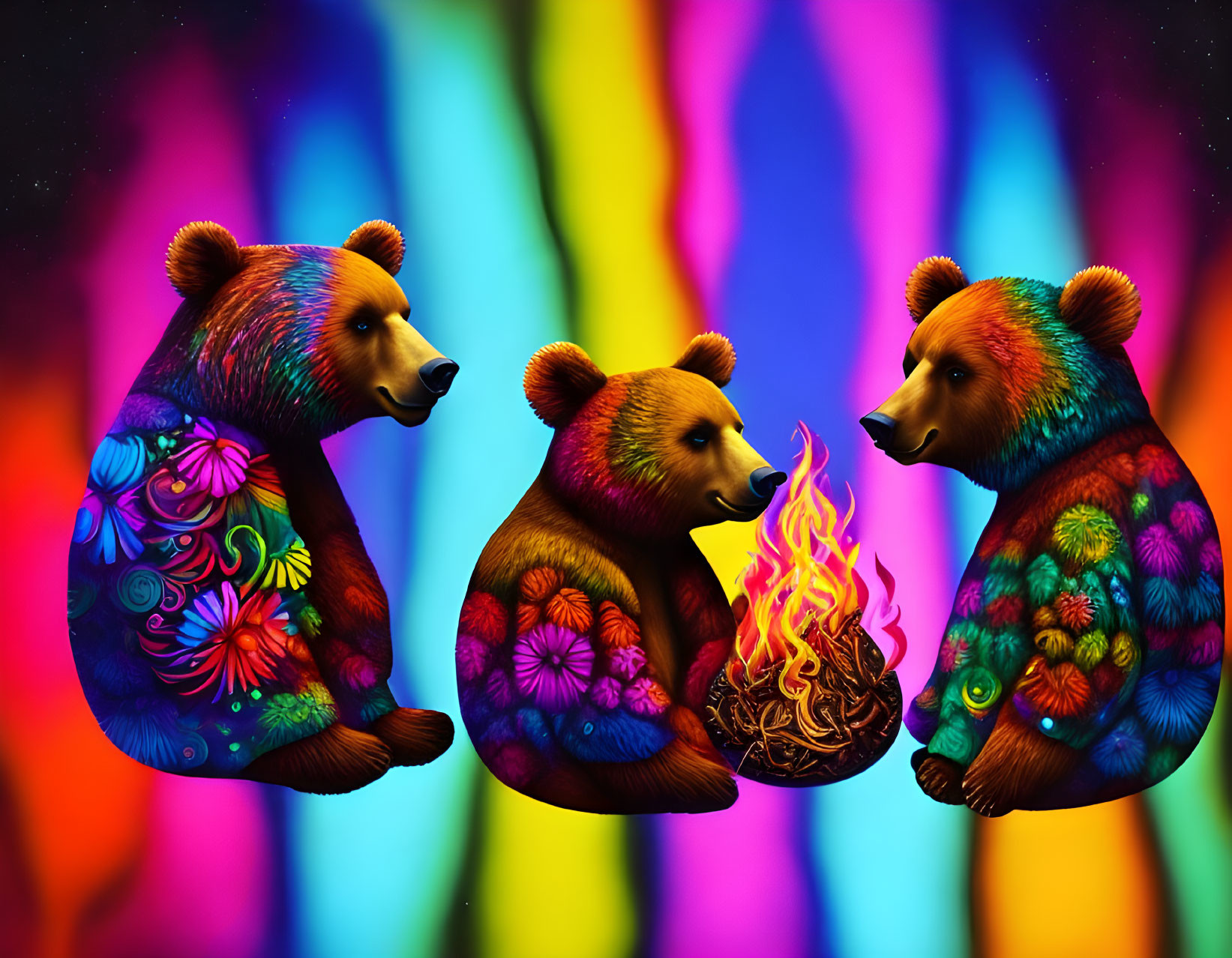 Colorful Bears Gathering Around Flame on Psychedelic Background