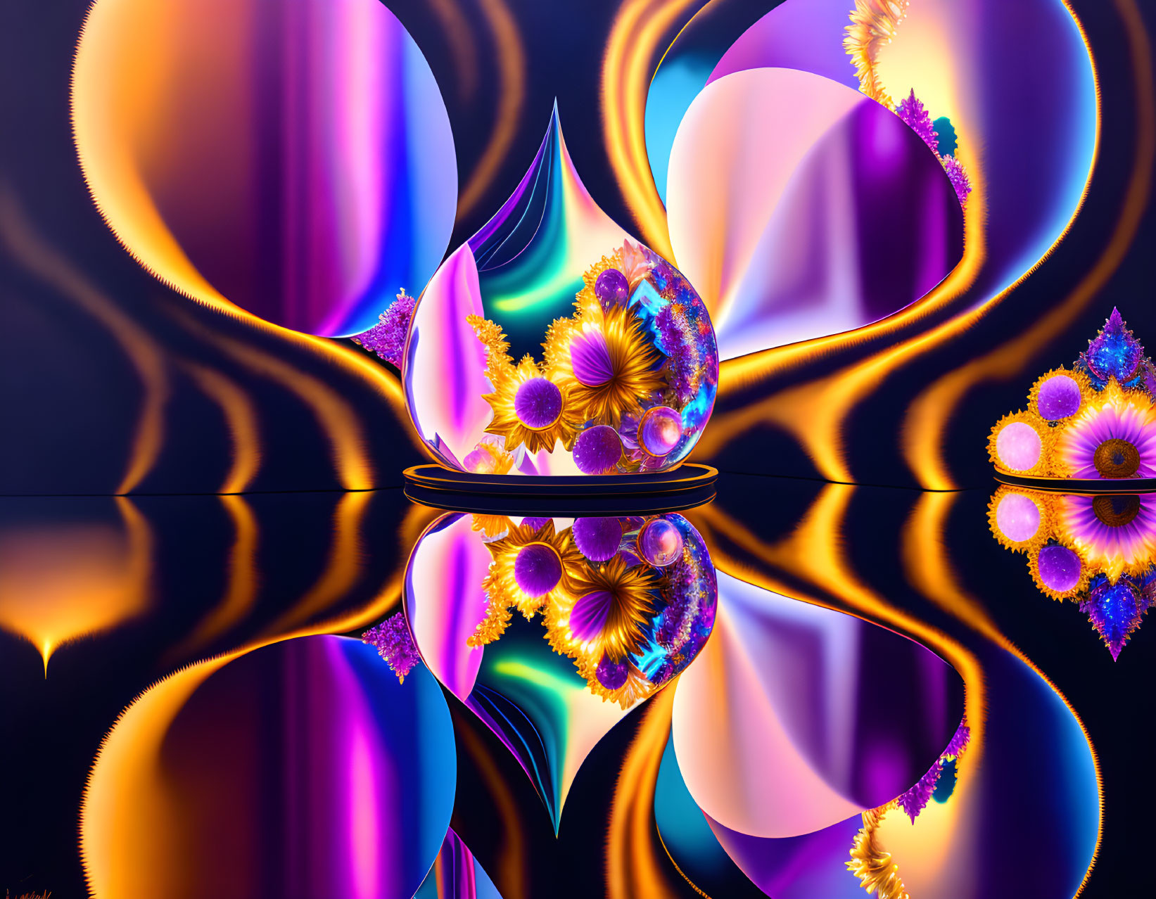 Colorful Fractal Art with Reflective Shape and Orbs on Dark Background