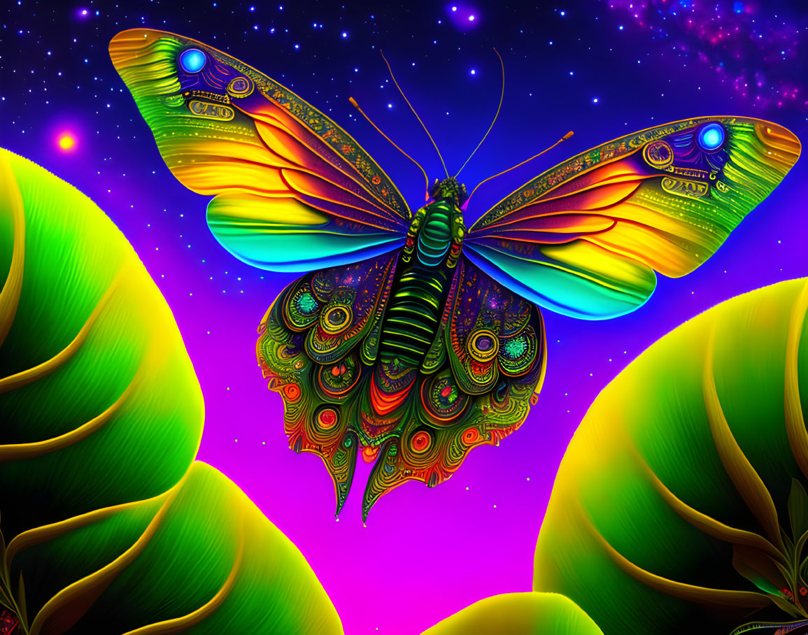 Colorful Butterfly Artwork Against Cosmic Background and Green Foliage