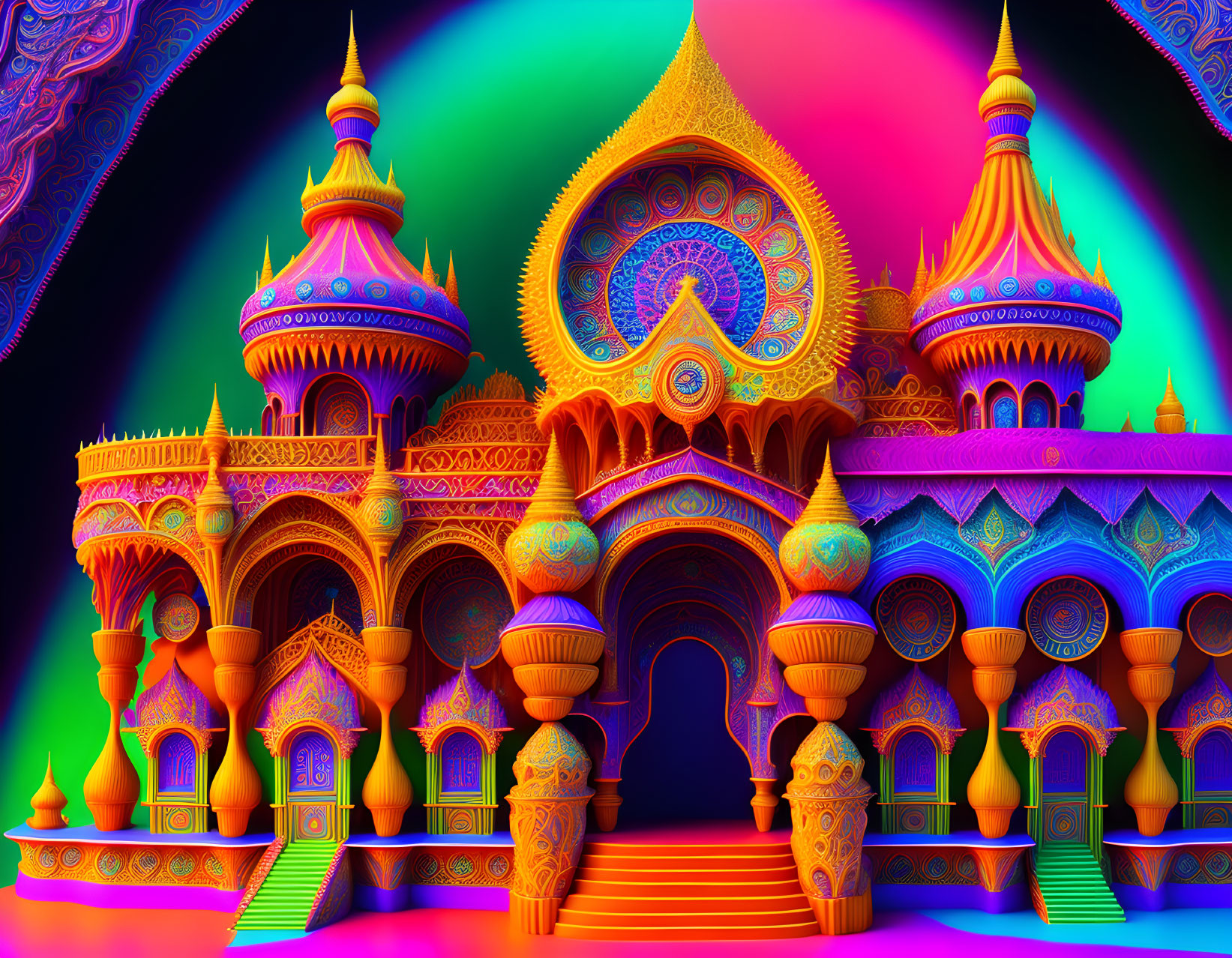 Colorful Psychedelic Digital Art: Ornate Fantasy Palace with Intricate Patterns & Onion-Shaped