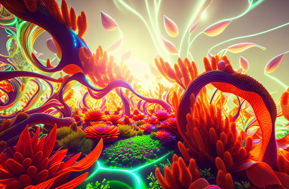 Neon-colored flora in vibrant otherworldly landscape