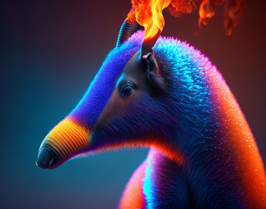 Colorful surreal anteater with rainbow coat and flaming head on dark background