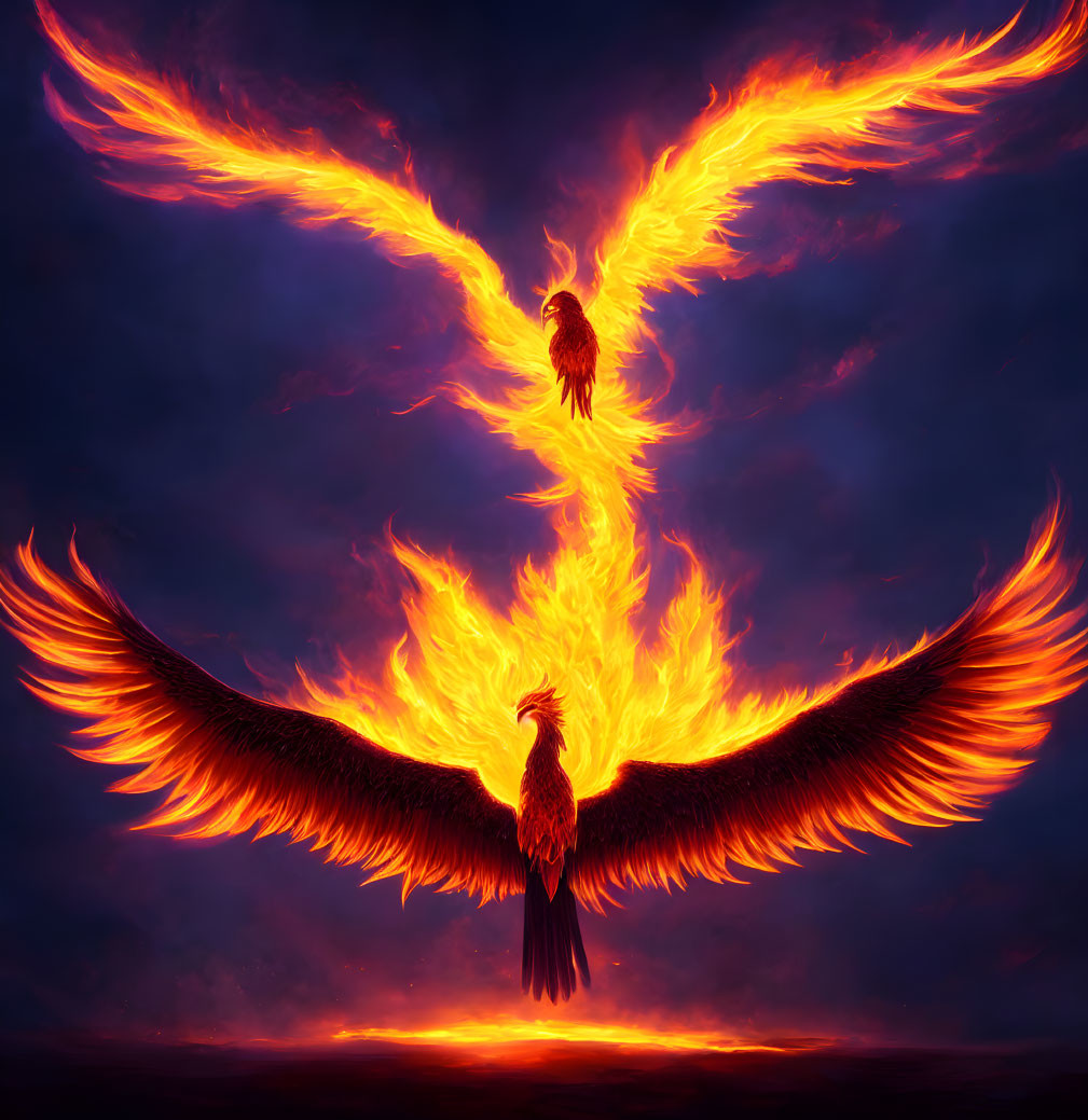 Majestic phoenix flying with fiery wings in twilight sky