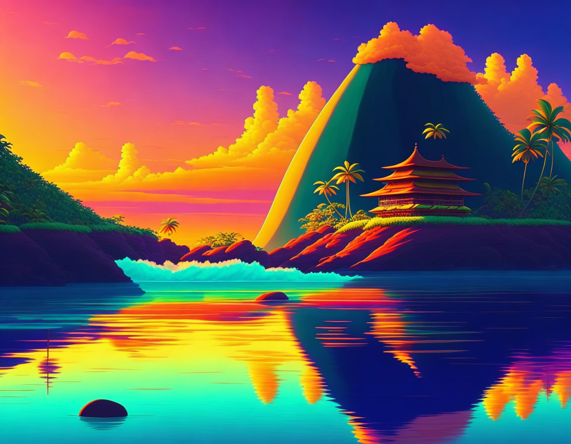 Neon sunset over tranquil sea with pagodas, palm trees, and mountain