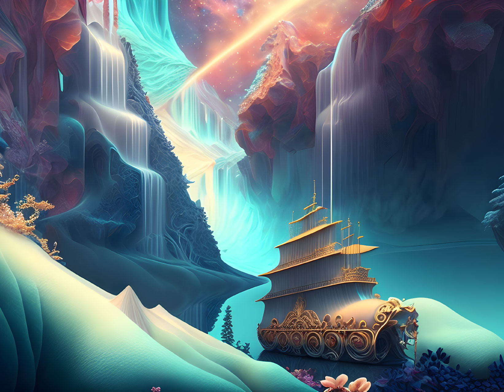 Elaborate ship in surreal, colorful landscape