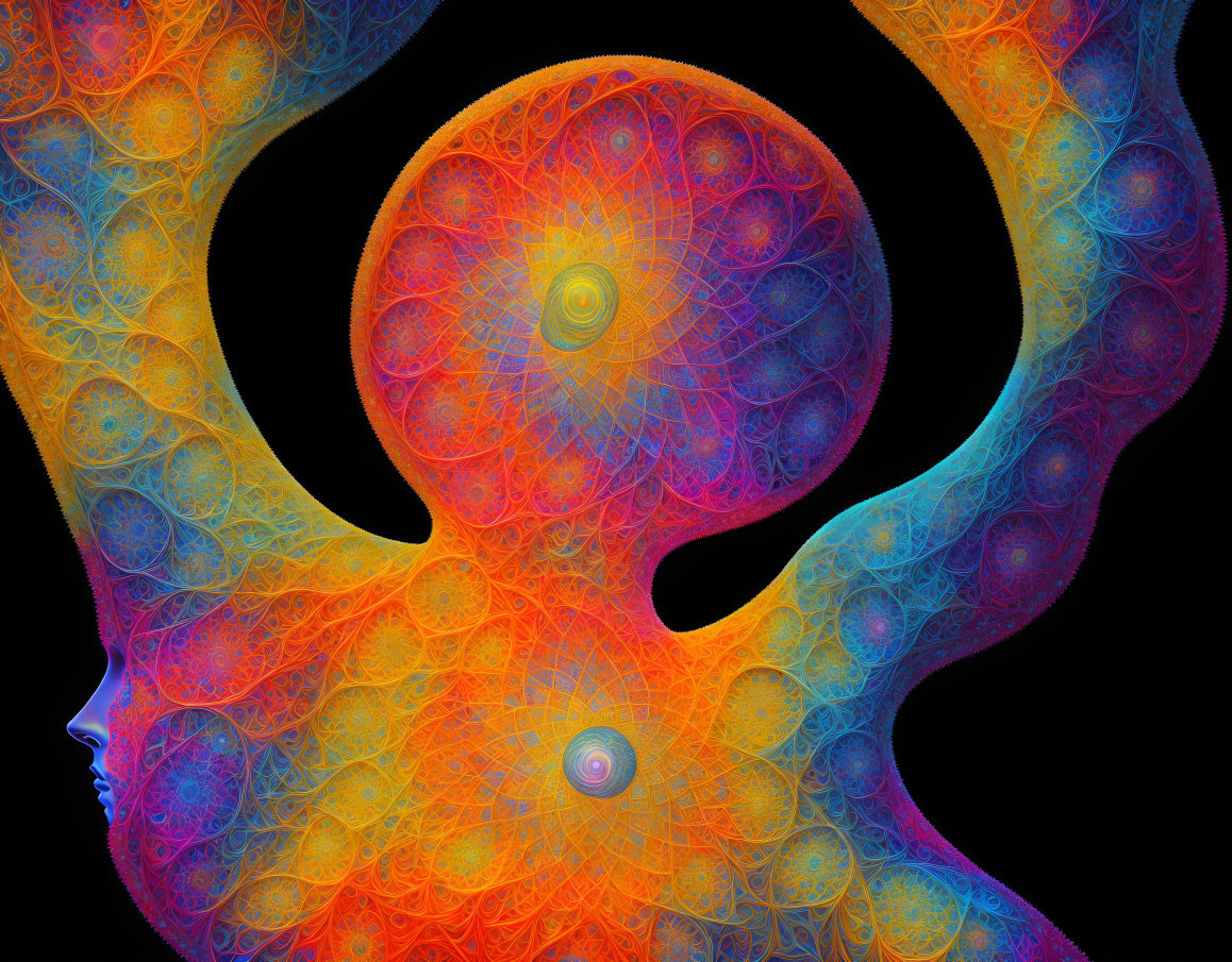 Colorful digital artwork featuring fractal patterns in orange, red, yellow, and blue.