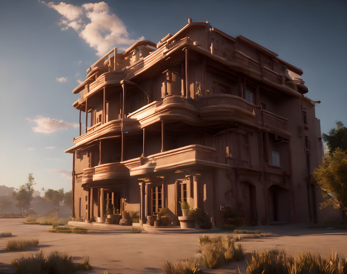 Two-story building with balconies, terracotta walls, and columns at sunset