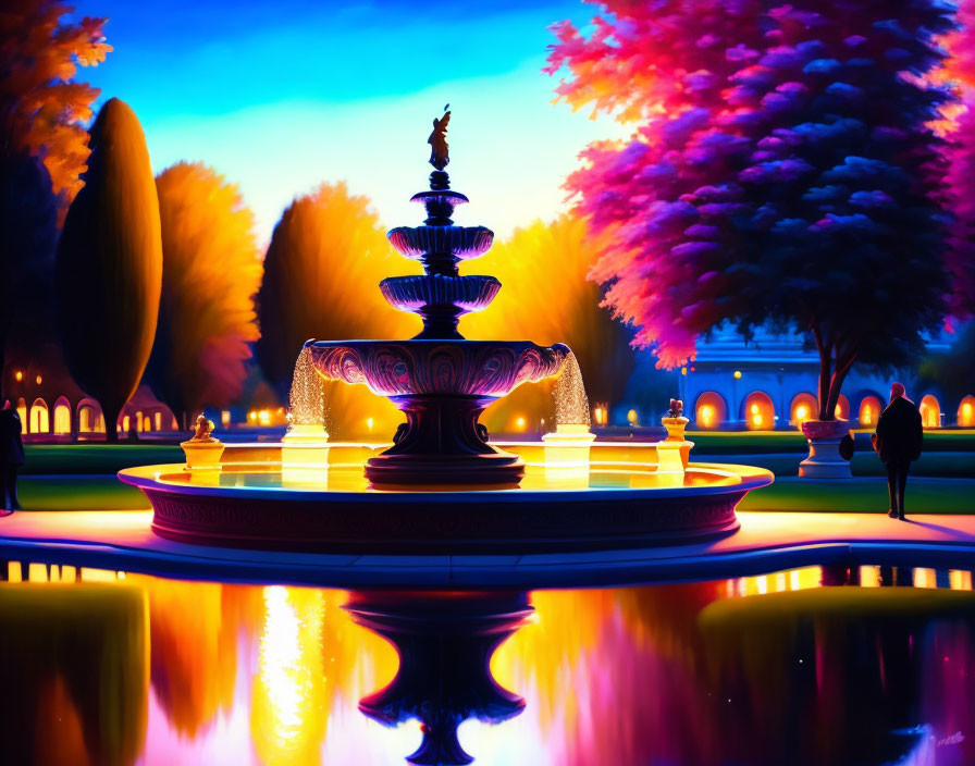 Colorful trees and illuminated fountain in serene park setting