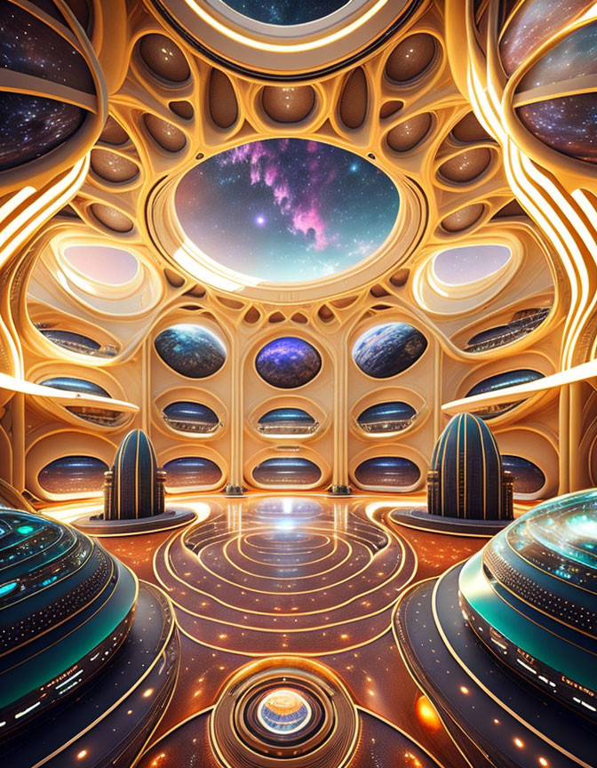 Circular and celestial-themed futuristic interior design with outer space view.