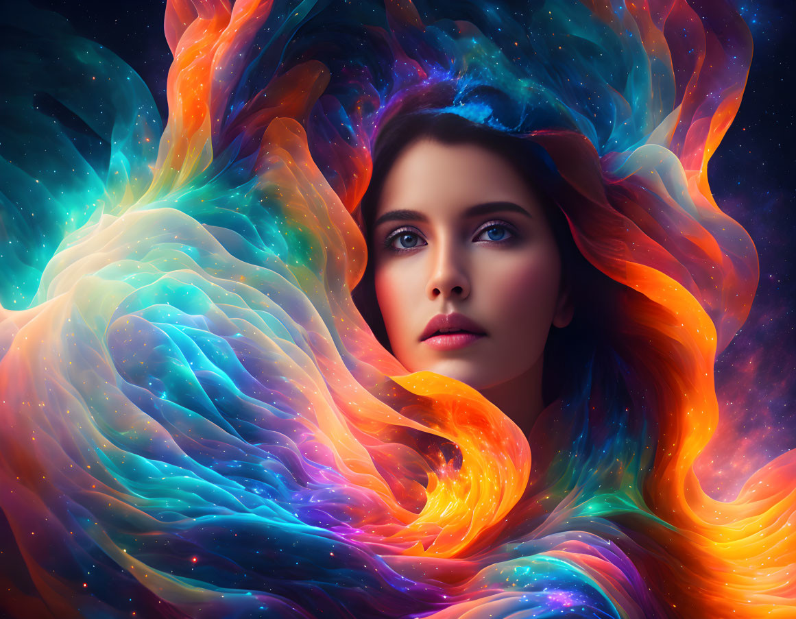 Woman with Striking Eyes in Vivid Nebula Colors