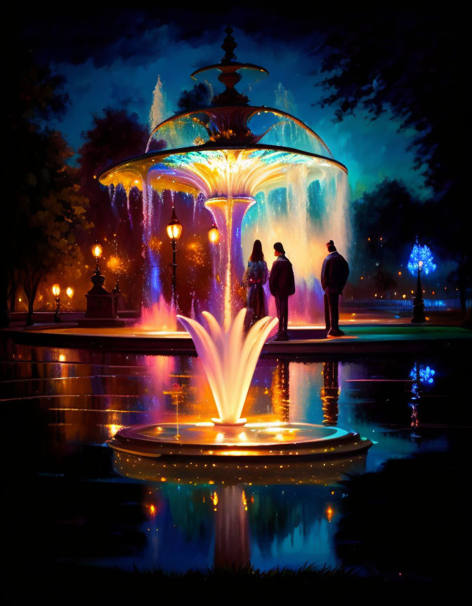 Colorful Nighttime Fountain with Illuminated Water Jets and People