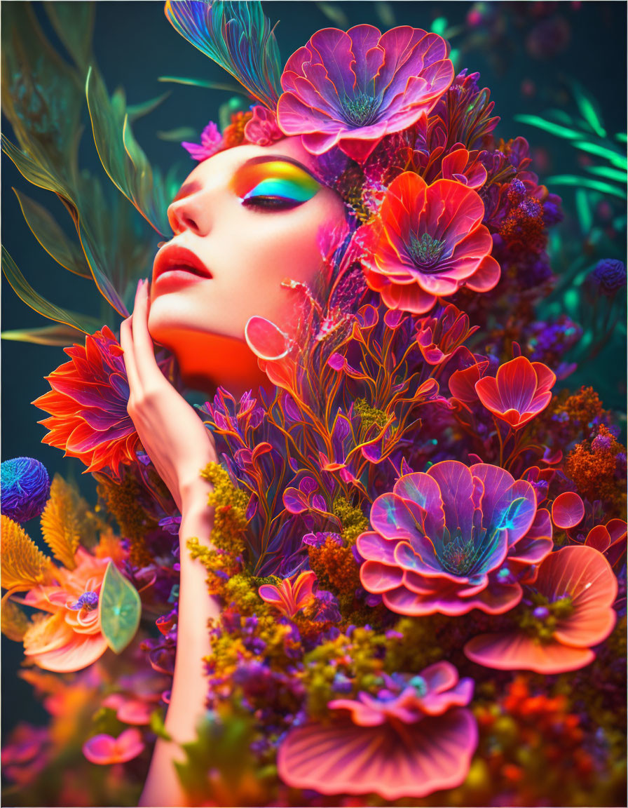 Colorful portrait featuring flowers and foliage in hair