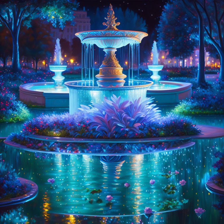 Vibrant blue and purple illuminated fountain at night with lush greenery and blooming flowers