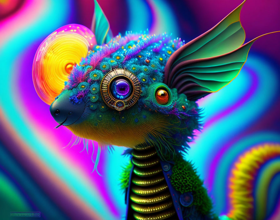 Colorful Fantastical Creature with Multicolored Fur and Swirling Background