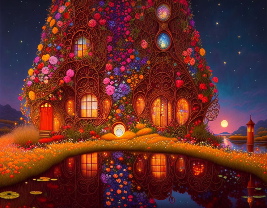 Magical treehouse surrounded by flowers under starry night sky