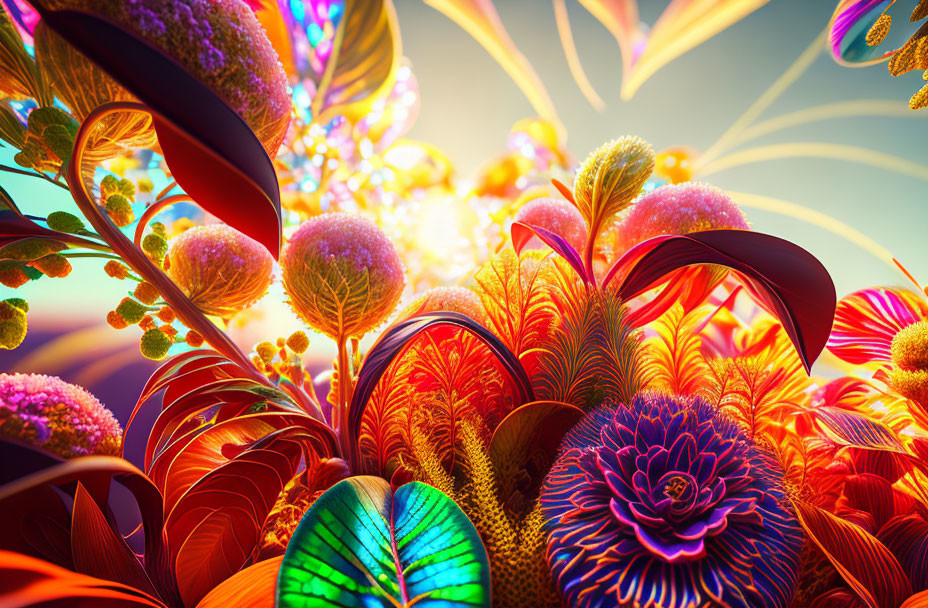 Colorful 3D Floral Ecosystem Artwork with Intricate Patterns