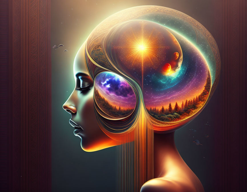 Digital artwork: Woman profile with cosmic brain & celestial, forest, sunset hues