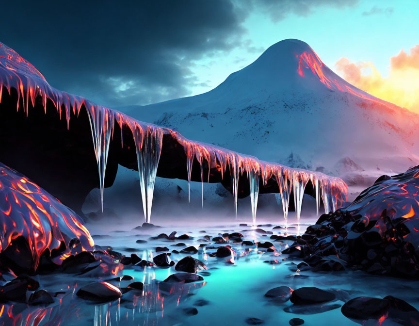 Surreal landscape with glowing lava flow, icy arch, snowy mountains.