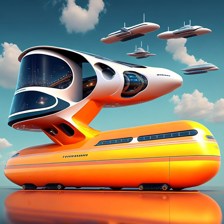 Futuristic orange and white train under blue sky with flying vehicles