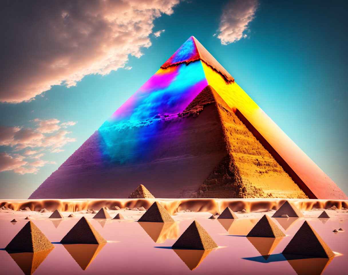 Rainbow Gradient Pyramid Surrounded by Smaller Pyramids in Pink Sky