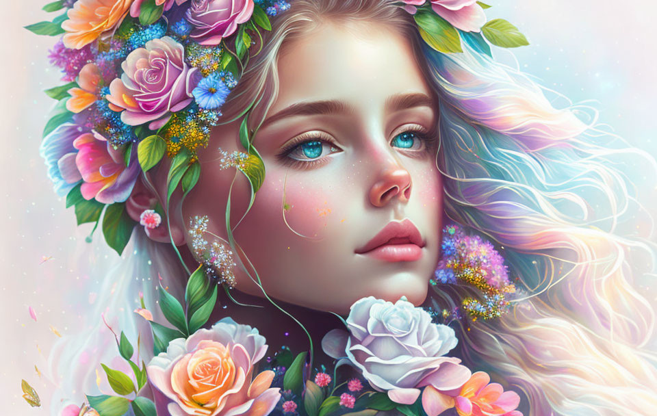 Vivid Fantasy-Inspired Digital Art of Young Woman with Flowers