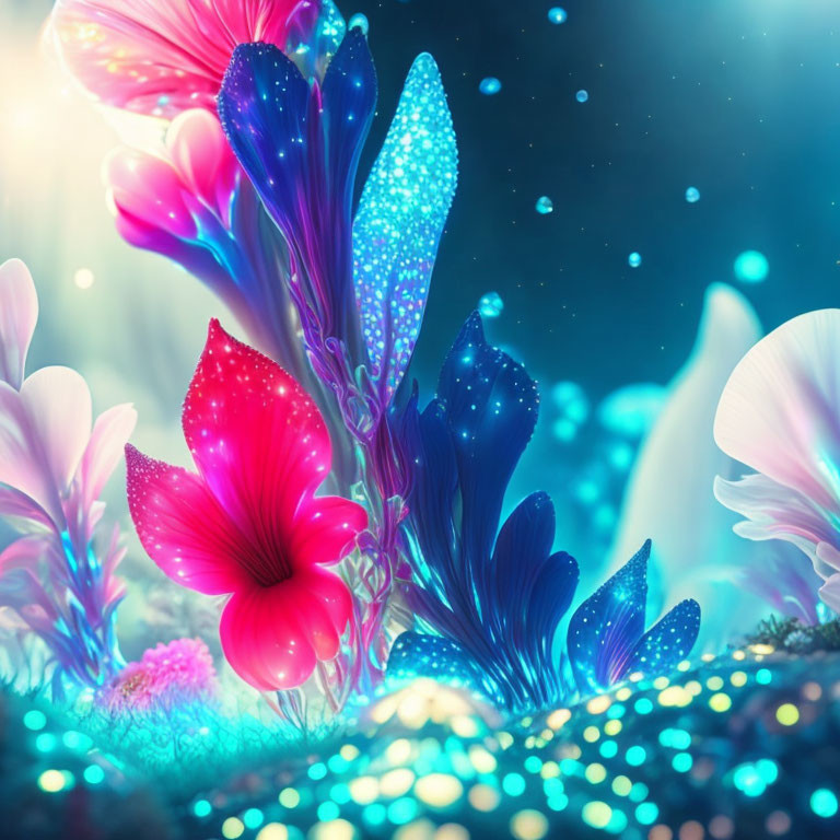 Colorful glowing garden digital artwork with luminescent flowers and plants