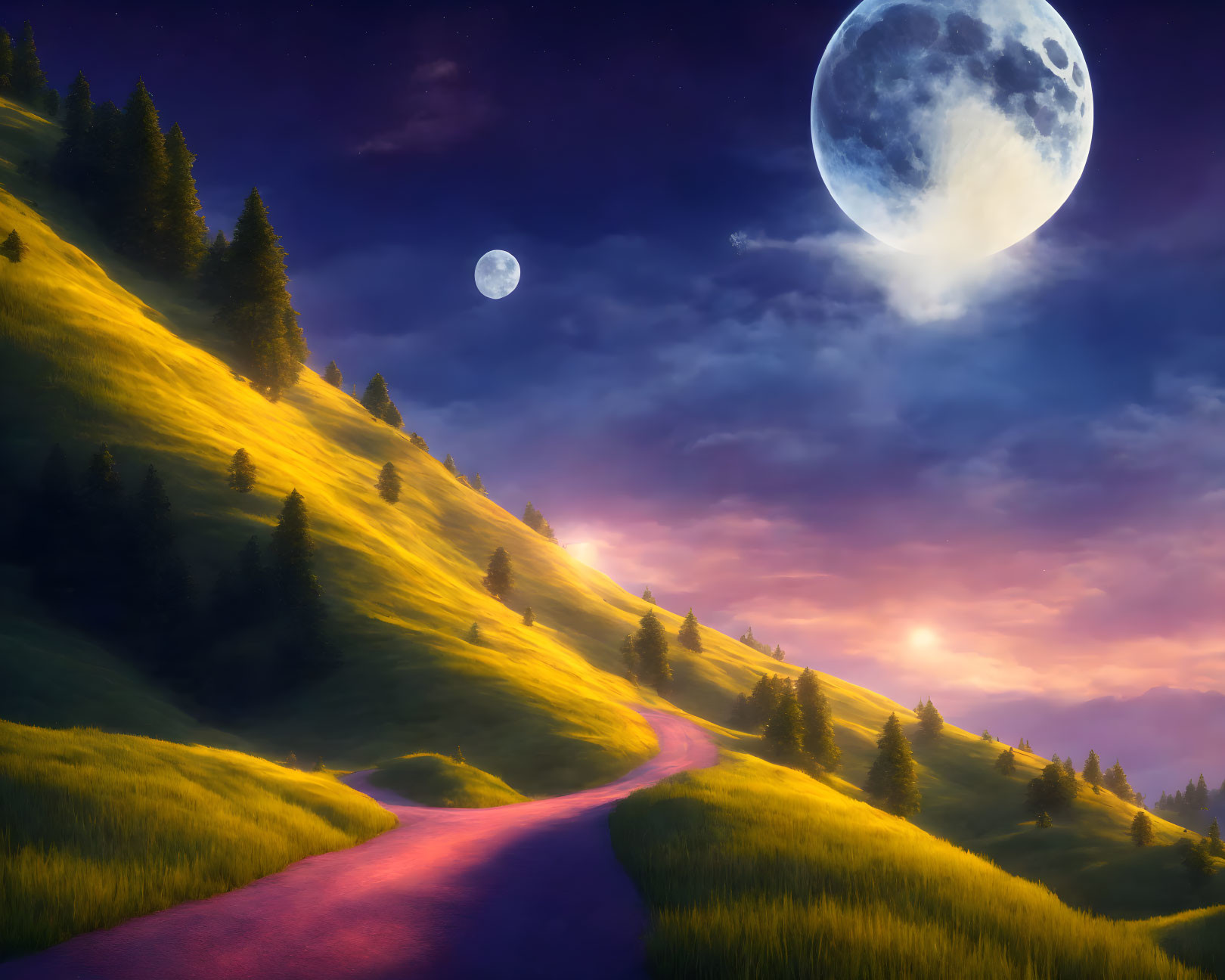 Twilight sky over grassy hillside with oversized moon