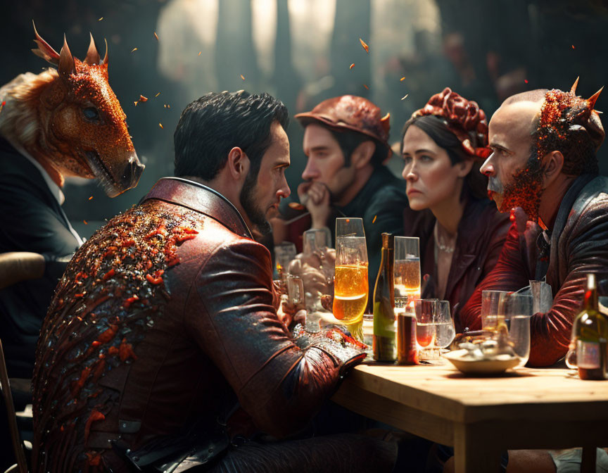 Group of People with Dragon Head at Dimly Lit Table in Tense Conversation