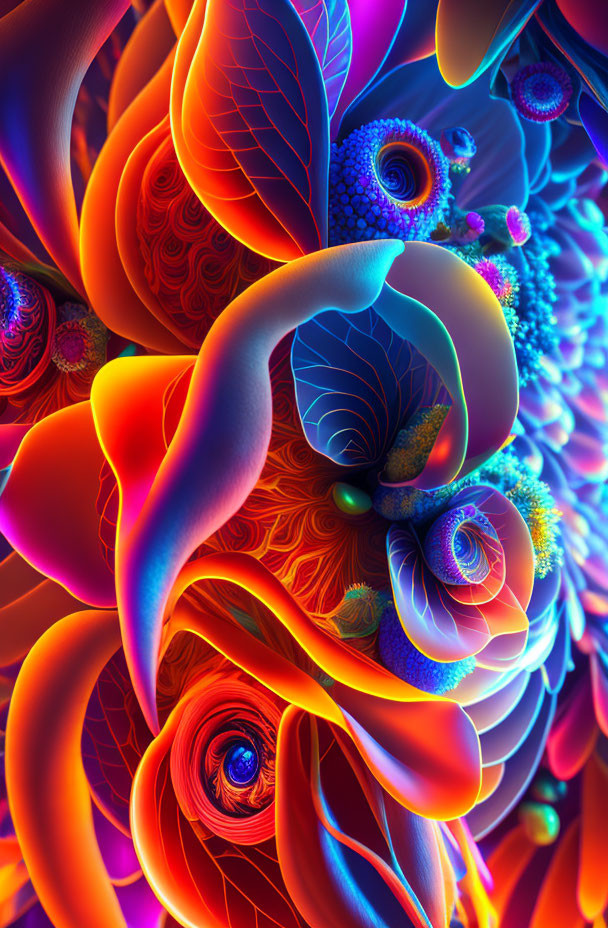 Colorful Abstract Fractal Patterns in Blue, Purple, Red, and Orange