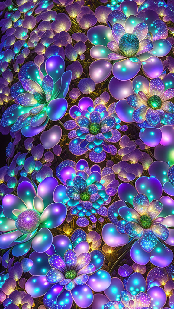 Neon-colored flowers in intricate patterns on dark background