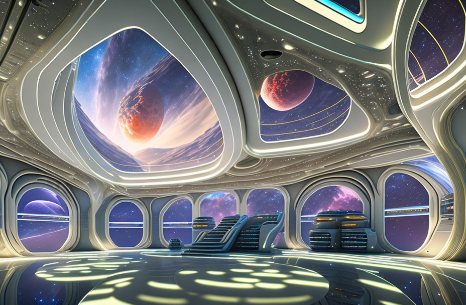 Futuristic spaceship interior with large cosmic view windows