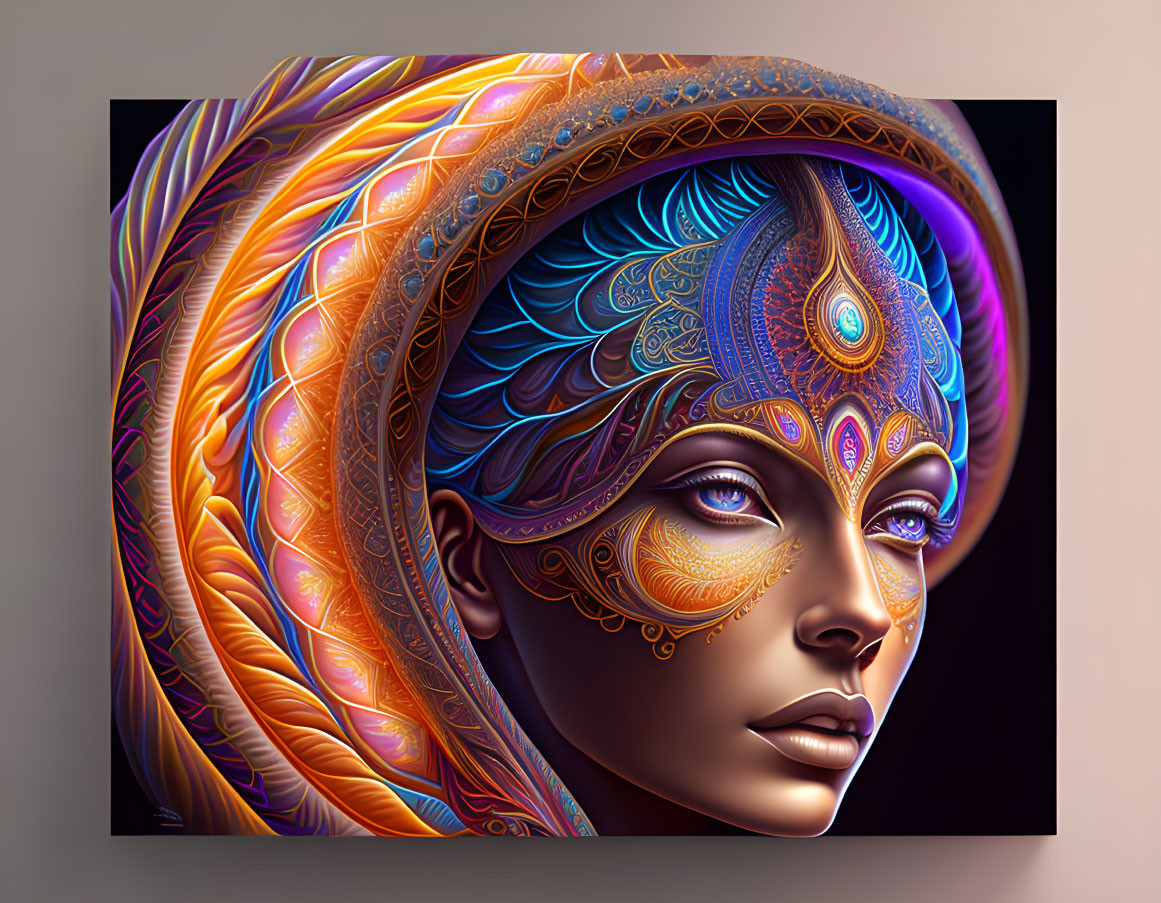 Colorful digital artwork of a woman with ornate patterns, exuding mystical aura