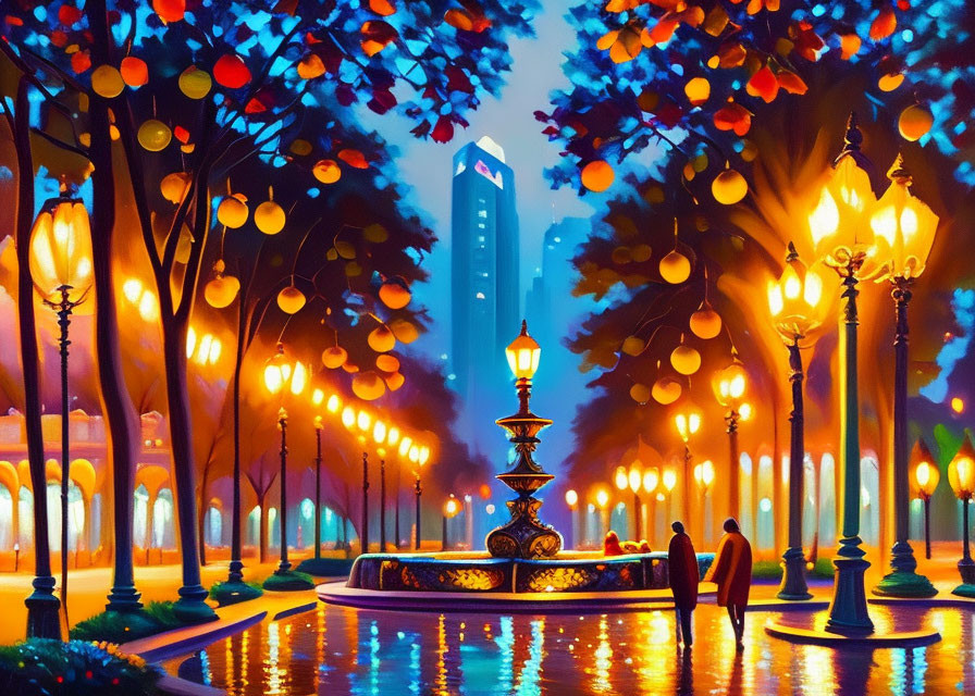 Fantasy digital art: Luminous pathway, golden lamps, colorful trees, fountain, skyscraper