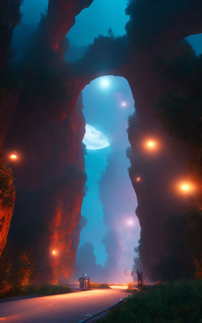 Moonlit rock archway and dimly lit road scene at night