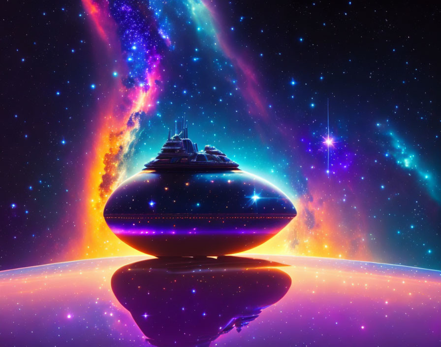 Futuristic spaceship above vibrant alien planet with colorful nebulae