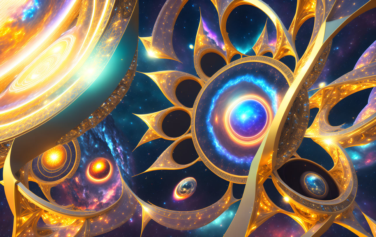 Vibrant digital artwork: Cosmic elements, golden fractal patterns, nebulae.